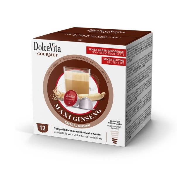 Dolce Vita Maxi Ginseng solubile al gusto caffè aromatizzato ginseng.
